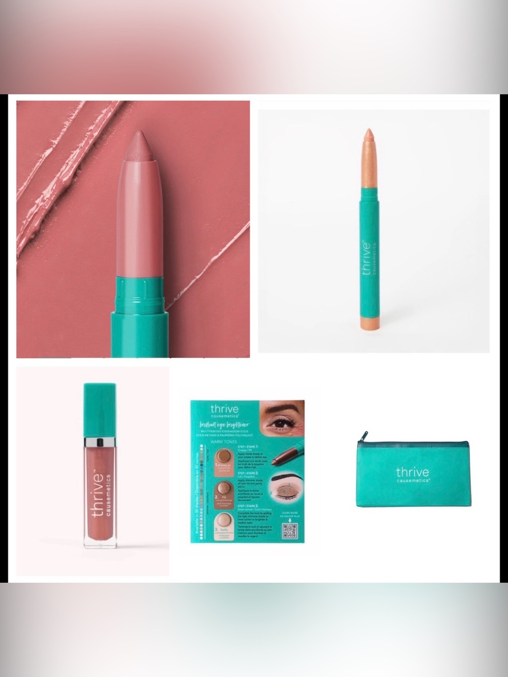 NEW 3 Thrive Causemetics Lip & Eye Makeup Items w/ Bag & Sample- See Description